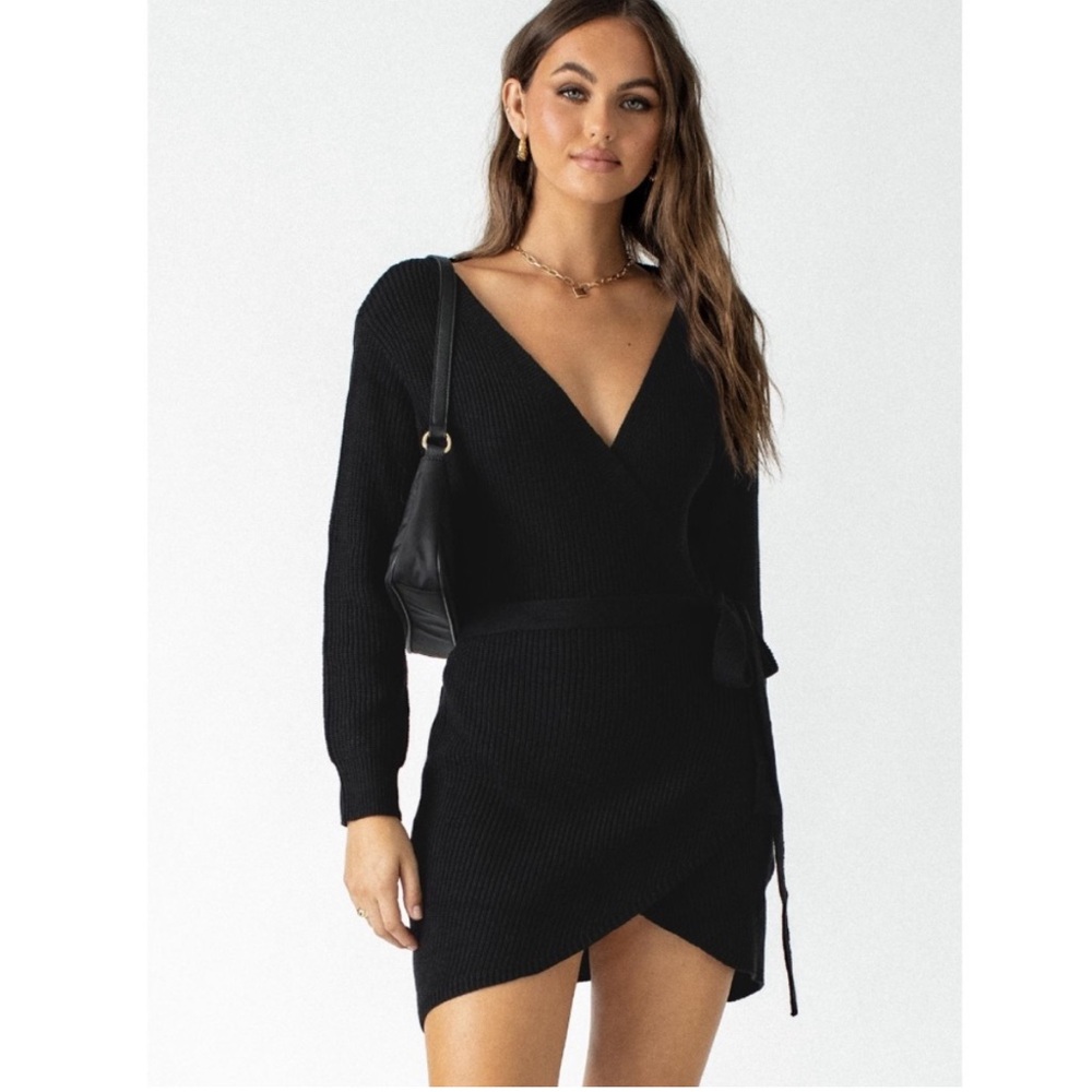 Princess Polly Black Wrap Knit Sweater Dress
